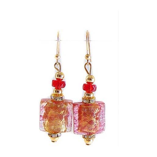 VENEZIA CLASSICA - orecchini da donna con perle in vetro di murano originale, collezione lily, con foglia in oro 24kt, made in italy certificato (rosso)