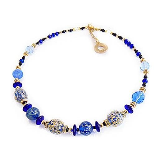 VENEZIA CLASSICA - collana da donna girocollo con perle in vetro di murano originale, collezione diana, blu con foglia in oro 24kt, made in italy certificato