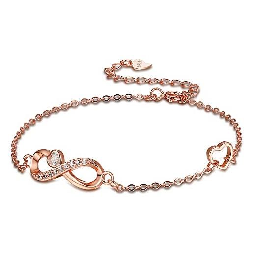 Arrebol bracciale infinito donna argento sterling 925 con cuore zirconi bracciale simbolo infinity oro rosa regolabile 16+4cm con scatola regalo