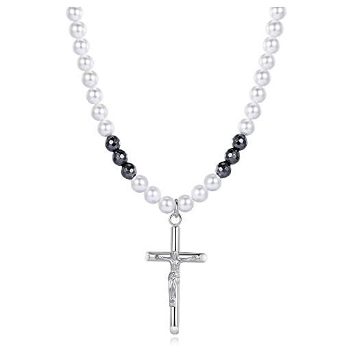 GAVU collana rosario da uomo e da donna di perle di conchiglia e pietra naturale ematite con ciondolo croce cristiana con gesù crocefisso 60cm