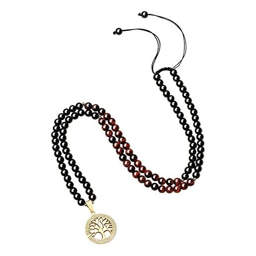 COAI collana 108 perle mala con amuleto albero della vita, collana regolabile in ossidiana e occhio di tigre rosso