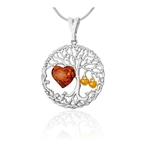 AMBEDORA collana da donna, argento 925, argento dorato 14k, cuore in ambra baltica, ciondolo albero della vita celtico con cuore in ambra su catena a serpente, set pronto per un regalo
