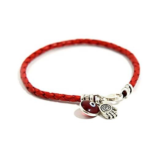 MIZZE Made for Luck braccialetto rosso in vera pelle intrecciata, con pendenti a spirale in argento mano di fatima e malocchio, lunghezza 20 cm