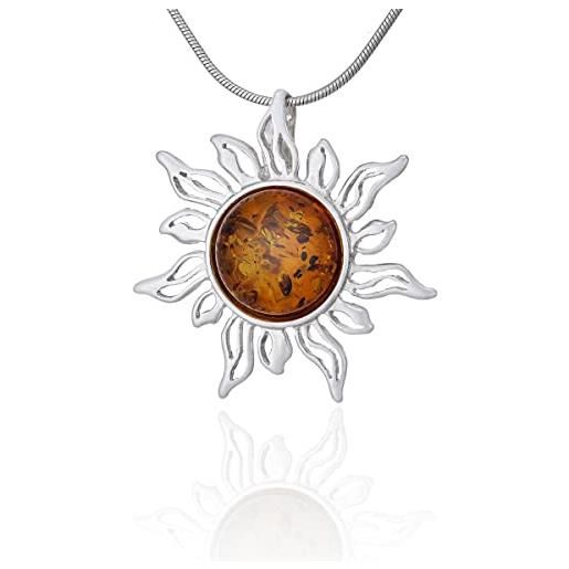 AMBEDORA, collana d'ambra da donna, argento 925, ciondolo a forma di sole d'ambra su catenina, set pronto da regalare