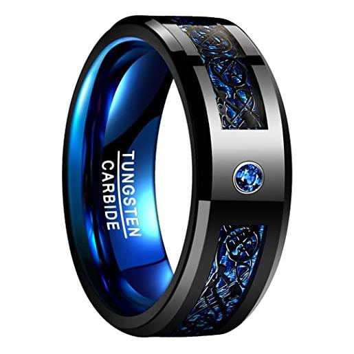NUNCAD anello uomo/donna celtico nero-blu con fibra di carbonio, zircone, unisex anello tungsteno largo 8 mm per matrimonio, fidanzamento, associazione, misura da 24