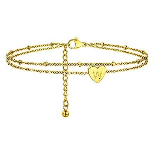 PROSTEEL cavigliera donna a doppio con iniziale w catena regolabile 22+5 cm in acciaio indossabile/oro placcato pendente a forma cuore
