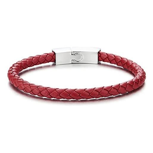 COOLSTEELANDBEYOND sottile braccialetto di rosso pelle intrecciata da uomo donna, bracciale fascia di polso, acciaio chiusura magnetica