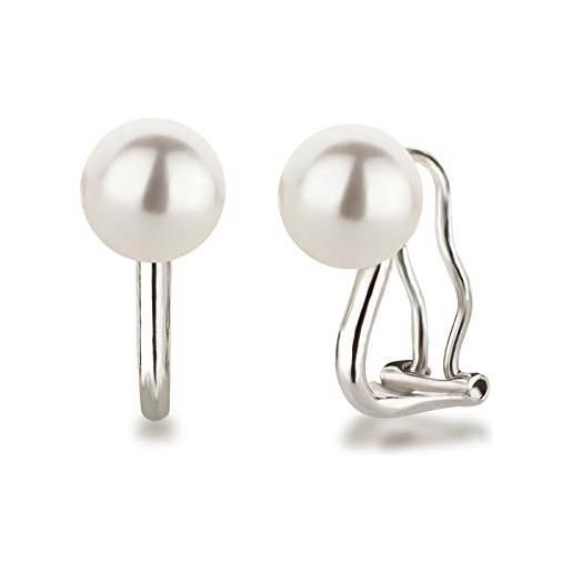 Schöner-SD orecchini a clip con perle 8 mm, in argento 925 rodiato e argento, colore: bianco, cod. Oc-fi1-ku08-ww