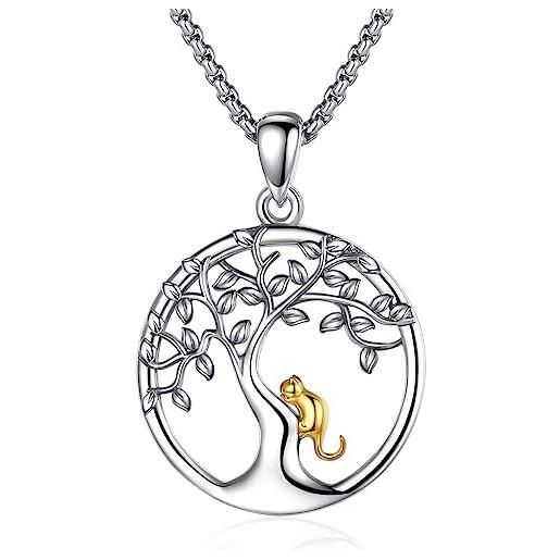 Eusense collana gatto ciondolo con gatti con albero in argento 925 graziosi gioielli con animali per donne ragazze