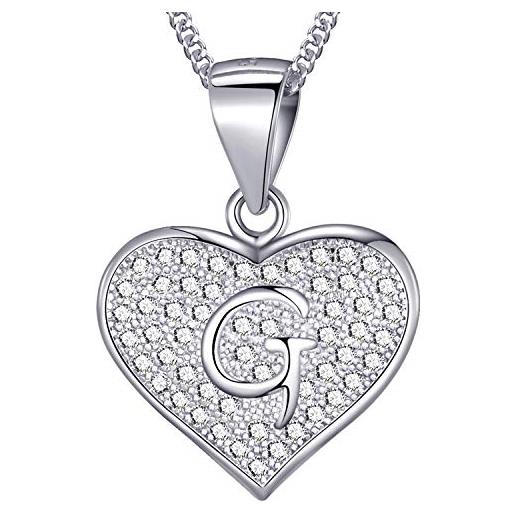 MASADA collana in argento 925 - ciondolo lettera g a forma di cuore iniziale con pietre zircone - iniziali nome per donna ragazza - catena 46 cm confezione borsa in velluto