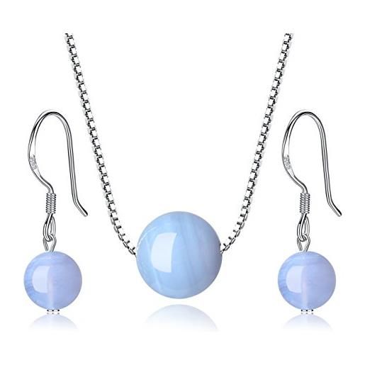 COAI parure collana orecchini da donna in argento sterling 925 e perla in agata azzurra venata