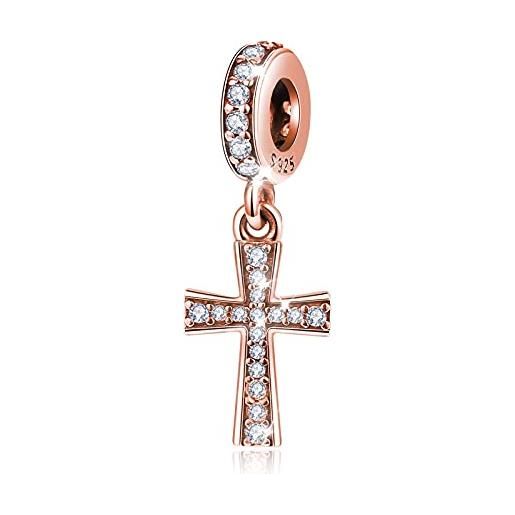 Eusense charm croce in oro rosa, bead croce in argento sterling compatibile con bracciale europeo