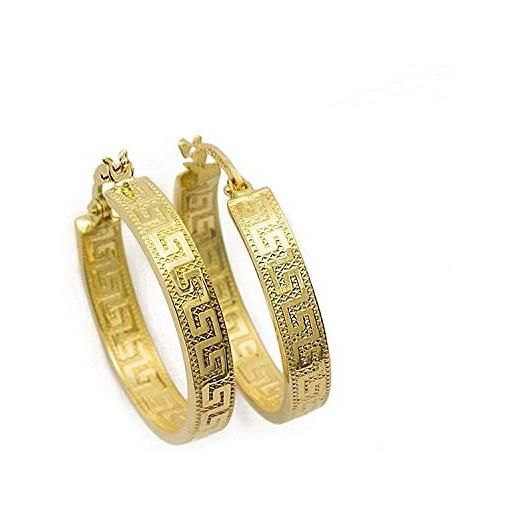 PRINS JEWELS pri37a - orecchini a cerchio con chiave greca in oro giallo 18 carati / 750 diamantati (2 x 14 ø mm), oro