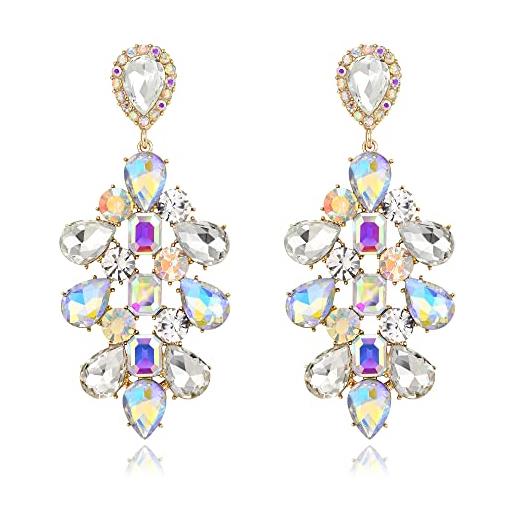Clearine stunning cristalli di rocca goccia rettangolo smeraldo taglio lungo lampadario goccia orecchini per le donne festa prom iridescente ab oro-back