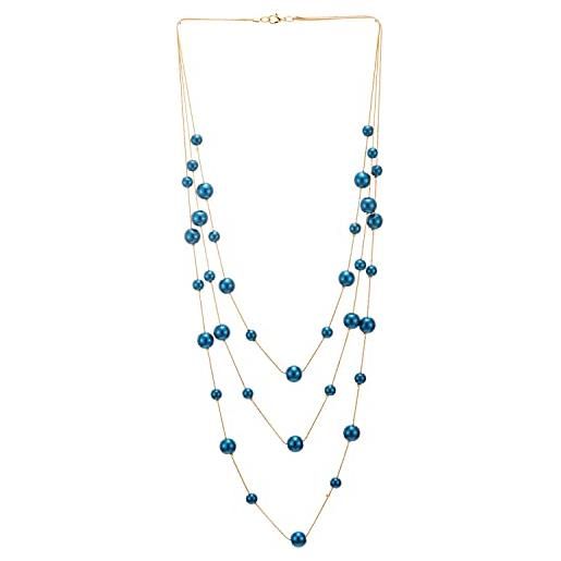 COOLSTEELANDBEYOND oro rosa statement dichiarazione collana tre filoni lunga catena con blu perla sintetica perline pendente