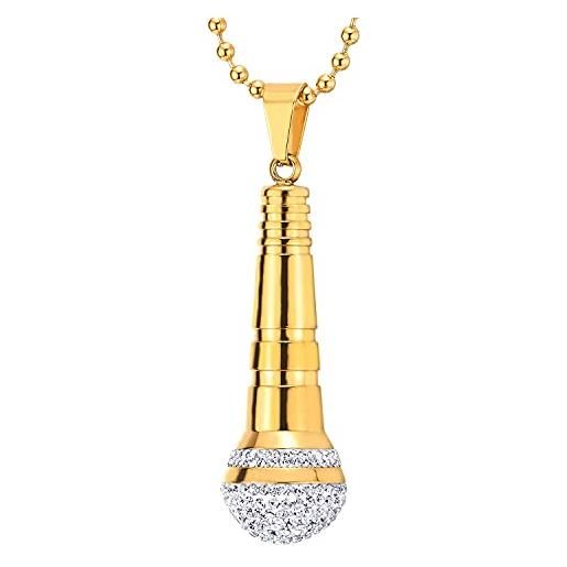 COOLSTEELANDBEYOND microfono ciondolo con zirconi, collana da uomo, acciaio inossidabile, oro bianco, palla catena 75cm