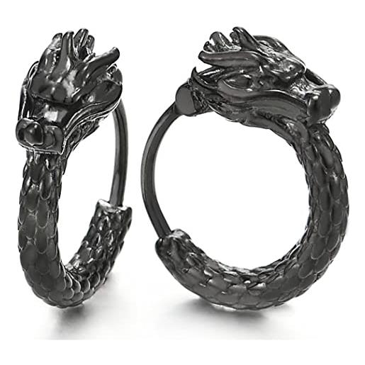 COOLSTEELANDBEYOND annata nero drago scaglia cerchio orecchini da uomo donna, huggie orecchini a lobo, acciaio inossidabile, 2 pezzi