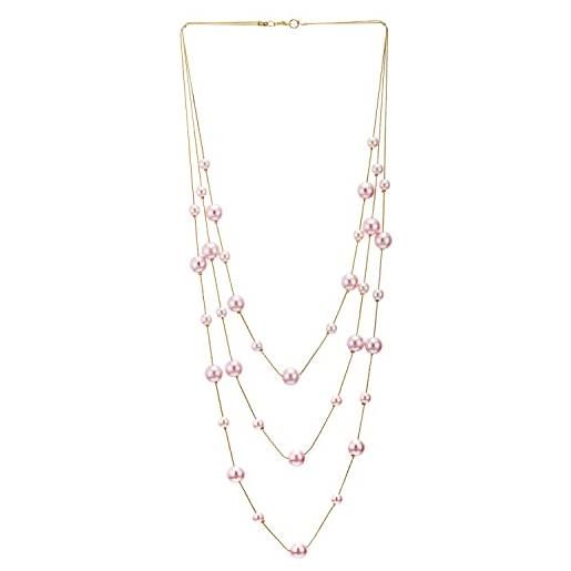 COOLSTEELANDBEYOND oro rosa statement dichiarazione collana tre filoni lunga catena con rosa perla sintetica perline pendente