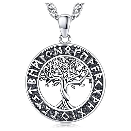 Odinstone collana con ciondolo albero della vita per uomo in argento 925 ciondolo vichinga vegvisir amuleto gioielli regalo per uomo donna, catena regolabile in acciaio 61cm (01)