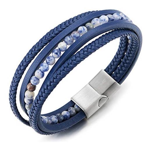 COOLSTEELANDBEYOND blu scuro pietre perlina catena intrecciato cuoio fascia polso braccialetto, pelle bracciali, acciaio chiusura magnetica