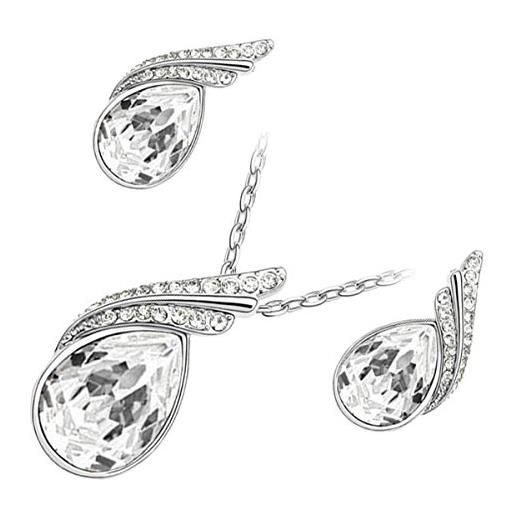 GWG Jewellery parure placcata oro bianco 18k collana con pendente e orecchini goccia in cristallo bianco diamante con 2 barrette incastonate con pietre