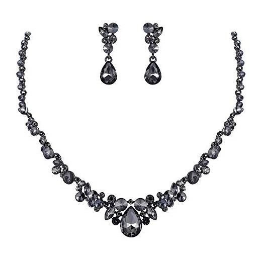 EVER FAITH set gioielli donna, austriaco cristallo festa nuziale floreale lacrima goccia collana orecchini set grigio nero-fondo