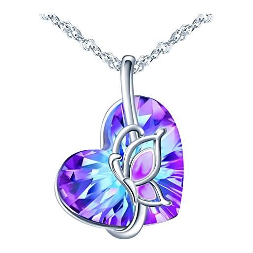 INFINIONLY collana di cristallo cuore dell'oceano, pendente cuore da donna, in argento 925, collana di cristalli viola chiaro, circondato da bella farfalla, lunghezza catena 45cm