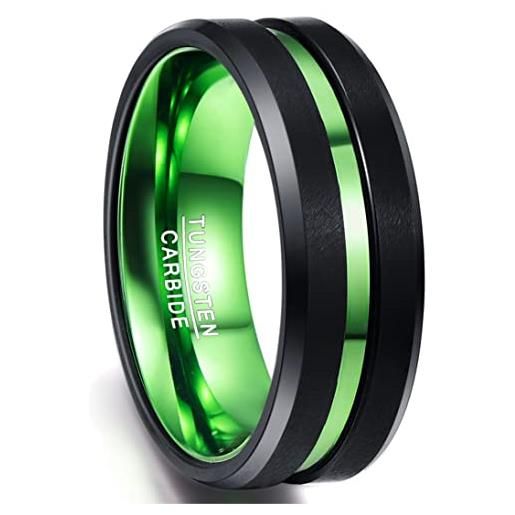 NUNCAD anello da uomo in tungsteno grande nero + verde, 8mm ampio anello unisex con design confortevole, superficie levigata con scanalatura verde, taglia 75 (35)