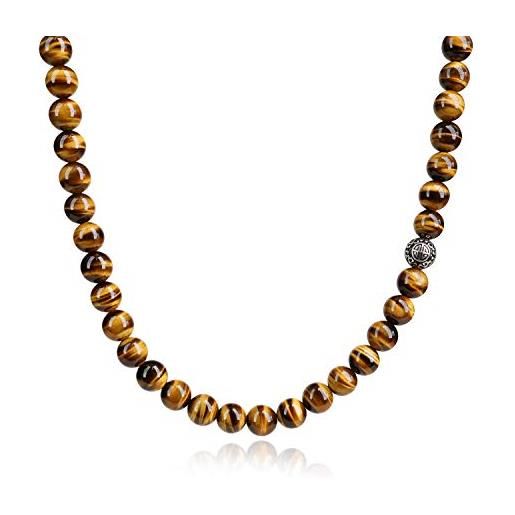 COAI collana con perle in occhio di tigre e perla amuleto shou in acciaio inox 65cm