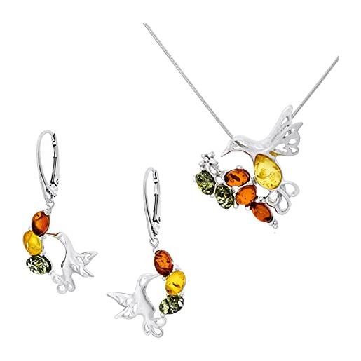 AMBEDORA set da donna di argento 925 lucido, ambra baltica colorata, collana e orecchini colibrì, set regalo