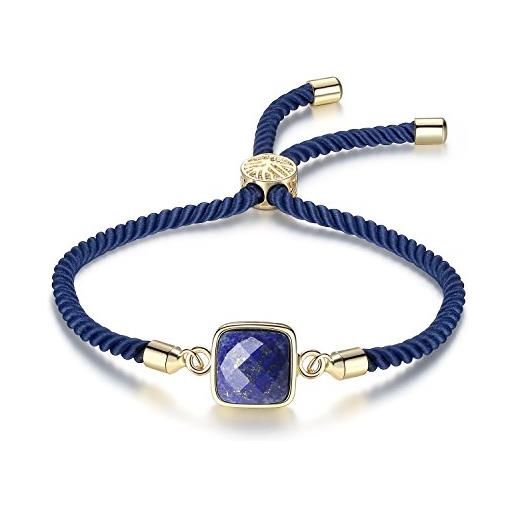 COAI bracciale da donna con amuleto squadrato in lapislazzuli sfaccettato, bracciale regolabile con laccio blu in nylon arrotolato a spirale e chiusura amuleto albero della vita
