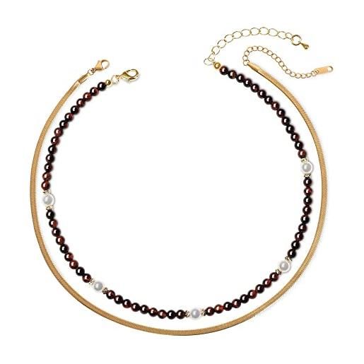 COAI doppia collana girocollo da donna con filo di perle in occhio di tigre rosso e perle di conchiglia e catena herringbone