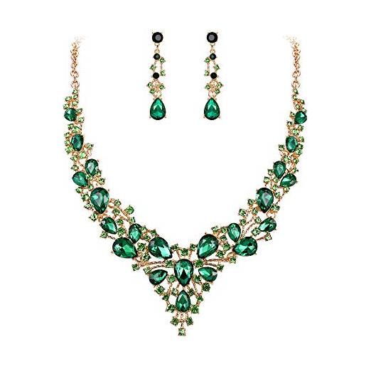 EVER FAITH parure gioielli donna cristallo austriaco fiore foglia bohemia nuziale set orecchini collana verde oro-fondo