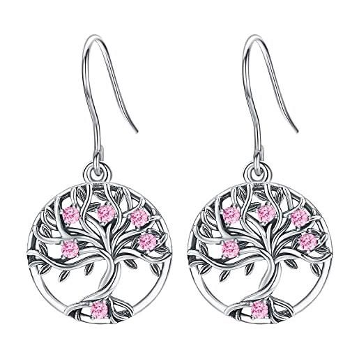 Odinstone orecchini donna albero della vita in argento sterling 925 orecchini pendenti zirconia cubica 5a orecchini regalo per donne mamma ragazze (rosa)