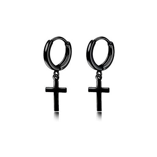 VONALA - orecchini pendenti a cerchio in argento sterling con croce nera, stile vintage, per uomo, donna e ragazzo
