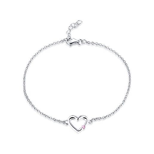 JO WISDOM braccialetto cuore argento 925 donna con aaa zirconia cubica ottobre birthstone colore rosa tormalina bracciali braccialetti, 18cm+2cm