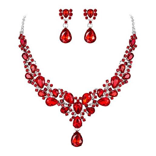 EVER FAITH set di gioielli da damigella in cristalli austriaci da donna, collana orecchini in goccia fiore foglia, rosso argento-fondo