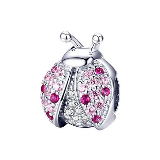 Fanona charm in argento sterling 925 compatibile con braccialetti pandora, a forma di coccinella, decorato con zirconi cubici rosa, charm per gioielli