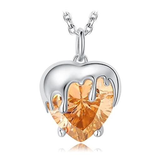 JewelryPalace 11ct ape collana cuore donna argento 925 con cubica zirconia arancione, miele collana ciondolo pietra con catena 45cm, collane pendenti lunghe anniversario set gioielli donna