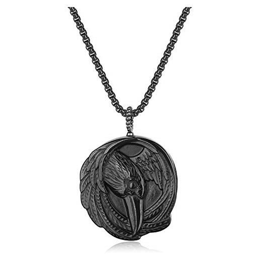 COAI collana da uomo in acciaio inox con pendente corvo di pietra naturale ossidiana nera 50cm