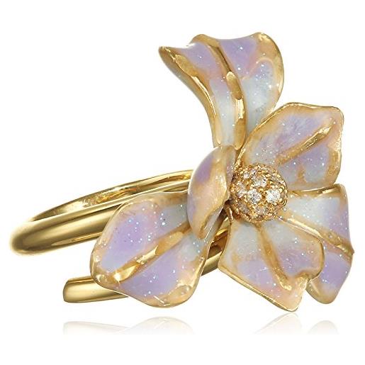 MISIS - anello donna fiore iris e zirconi - argento 925 placcato oro 18kt - smalto viola - misura 18 - regolabile