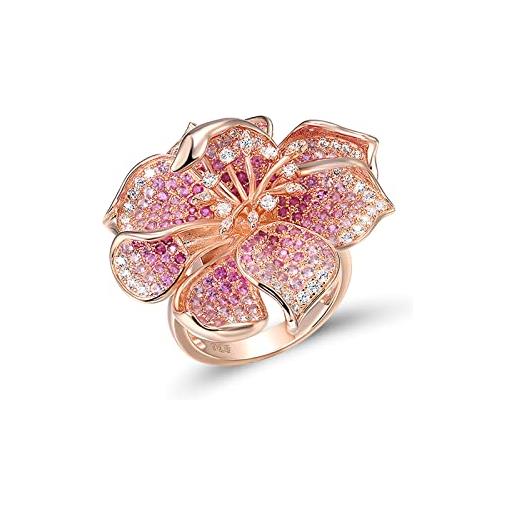 Santuzza anello in argento sterling 925 con zaffiro rosa e rubino creato con zirconi cubici e fiori di ibisco, smalto, zirconia cubica