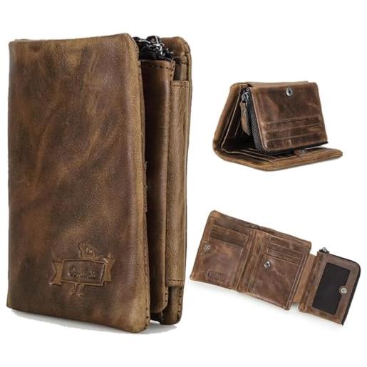 Contacts portafoglio da uomo in vera pelle, con cerniera, portamonete, da viaggio, con cerniera, stile businessi, vintage, marrone scuro, taglia unica, tri piega