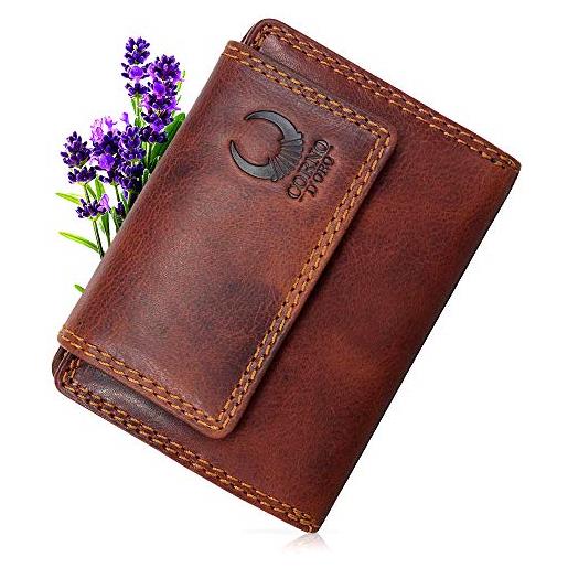 Corno d´Oro portafoglio da donna in pelle vintage con protezione rfid con cerniera portamonete scomparti vari, marrone