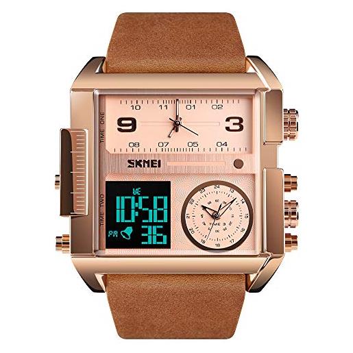 SKMEI orologio da polso digitale sportivo da uomo, con quadrante quadrato grande, al quarzo, con cronometro impermeabile multi-fuso orario oro rosa e marrone. 