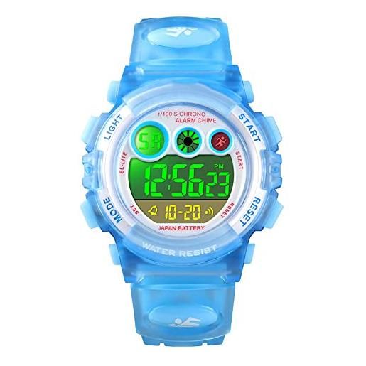 FeiWen orologio da polso da unisex bambini plastica cassa e gomma banda multicolore led luce outdoor militare sportivi digitali orologi 50m impermeabili (blu chiaro)