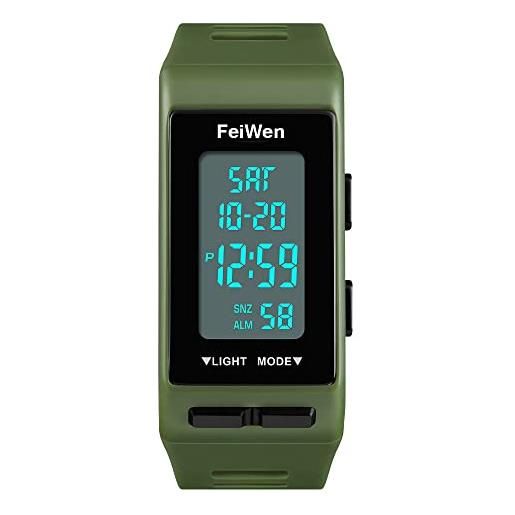 FeiWen design semplice multifunzione orologi da polso da unisex outdoor militare digitali sportivi orologio plastica cassa e gomma banda led doppio tempo allarme calendario (verde)