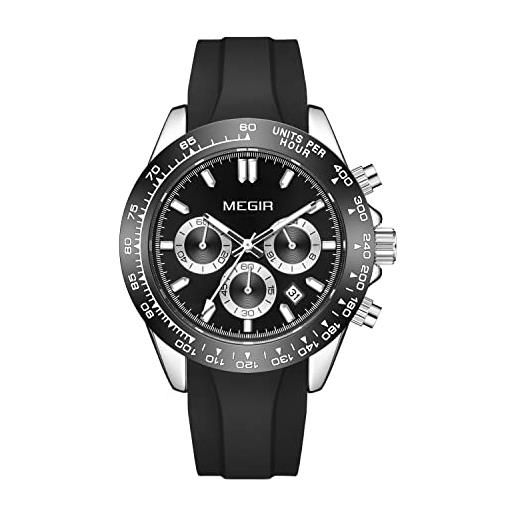 MEGIR orologio cronografo per uomo moda cinturino in silicone 24 ore orologio da polso al quarzo con data automatica lancette luminose 3atm impermeabile 2211, argento e nero. 