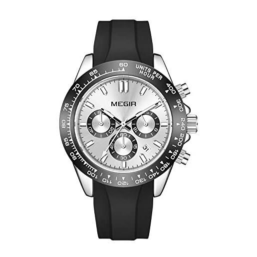 MEGIR orologio cronografo per uomo moda cinturino in silicone 24 ore orologio da polso al quarzo con data automatica lancette luminose 3atm impermeabile 2211, argento