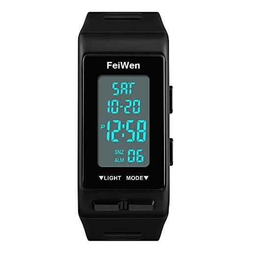 FeiWen design semplice multifunzione orologi da polso da unisex outdoor militare digitali sportivi orologio plastica cassa e gomma banda led doppio tempo allarme calendario (nero)
